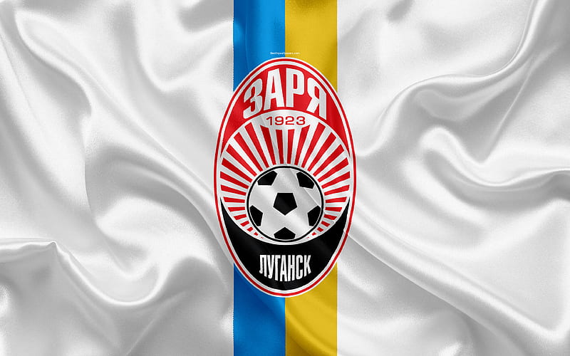 FC Zorya Luhansk Ukrainian football club, logo, silk texture, white flag, Ukrainian Premier League, Ukrainian flag, Lugansk, Ukraine, football, HD wallpaper