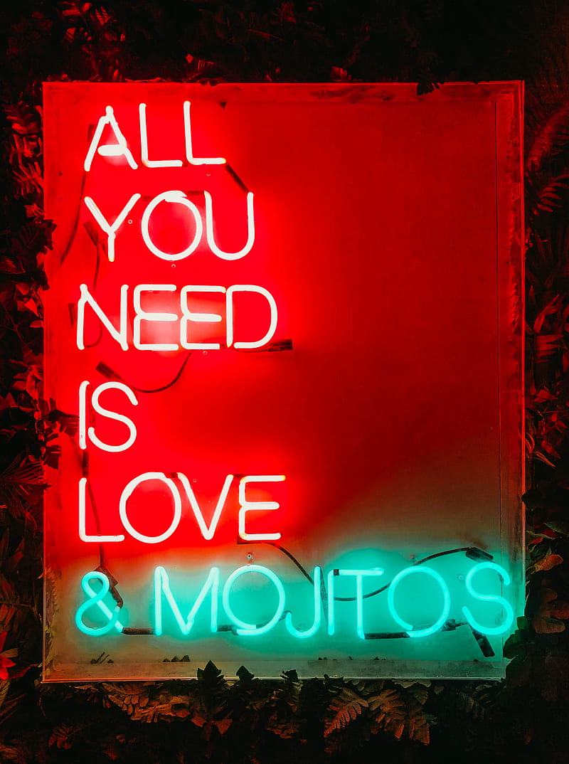 red and green all you need is love and mojitos neon sign, HD phone wallpaper