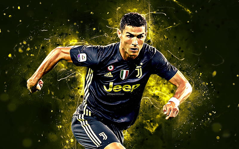 Cristiano Ronaldo, portuguese footballer, black uniform, Juventus FC, abstract art, soccer, Serie A, Ronaldo, CR7, neon lights, CR7 Juve, Bianconeri, HD wallpaper