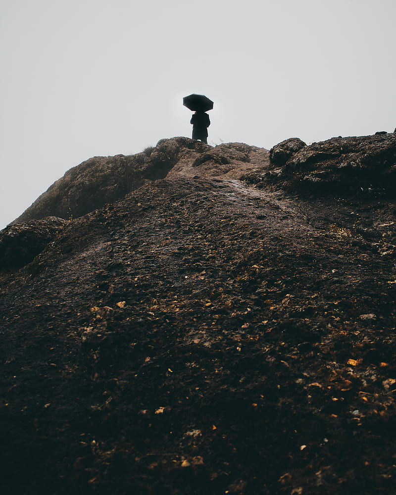 man, umbrella, alone, sad, silhouette, mountain, hill, HD phone wallpaper