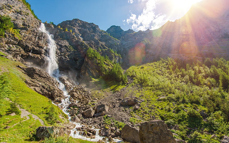 waterfall, mountains, rocks, summer, mountain slopes, mountain river, blue sky, HD wallpaper