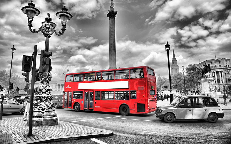 London Bus, Streets, Red, London, Sky, Clouds, Black and White, Bus, HD wallpaper
