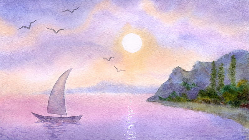 Watercolor Sail, sail boat, ocean, birds, sunset, lavender, trees, clouds, sea, painting, pastel, sunrise, island, pink, HD wallpaper