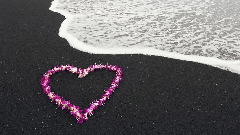 Heart Shape Flowers On Beach Sand Valentines Idea, HD wallpaper