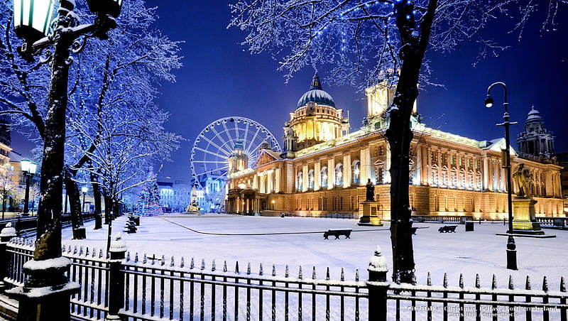 Christmas at City Hall in Belfast, Ireland, belfast, christmas, snow, landscapes, city hall, decorations, nature, winter, HD wallpaper