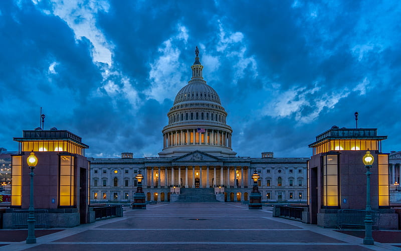 United States Capitol, Washington, evening, sunset, Capitol Building, United States Congress, USA flag, American flag, USA, HD wallpaper