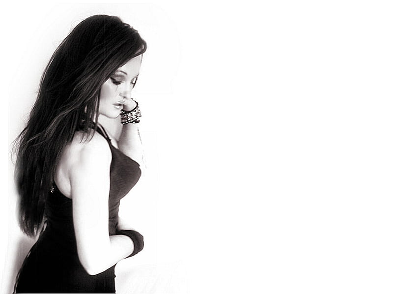 miss gothic ..brunette woman, woman female, brunnette woman on , dress, little, poser, long, pose, black and white, preety, hair, graphy, gothic, big, black dress, solitude, pale, beautifull woman, intreasting, wall, monochrome, ugly, happy, brunnette, sad, new, white, HD wallpaper
