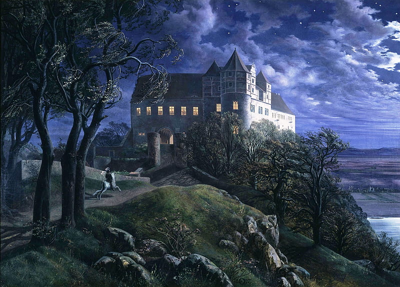 Scharfenberg Castle at Moonlight, stars, impressive, trees, horse, clouds, artwork, building, painting, night, HD wallpaper