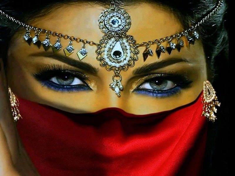Beautiful Arab Woman, gorgeous woman, bonito, woman, elegant, graphy, fantasy, figure, beautiful makeup, beauty, red veil, black hair, exotic, veiled, jewelry, beautiful eyes, arab woman, fashion, HD wallpaper
