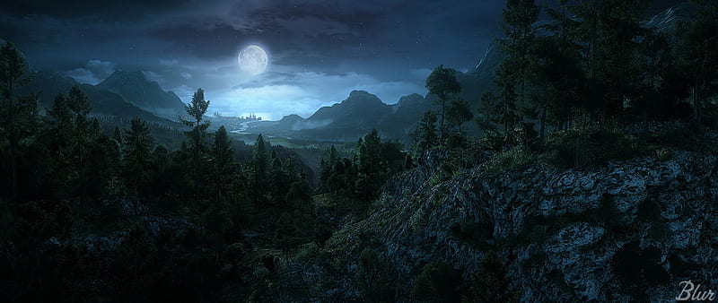 Moonlight, forest, moon, city, mountains, river, HD wallpaper