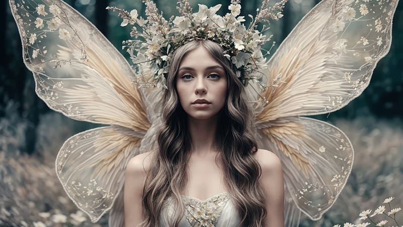 Fairy, neuroset, wreath, model, wings, woman, girl, flower, HD wallpaper
