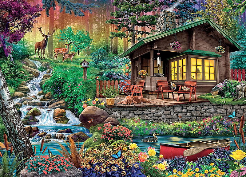 Wilderness Lodge, forest, boat, chairs, flowers, cabin, river, dog, deer, HD wallpaper
