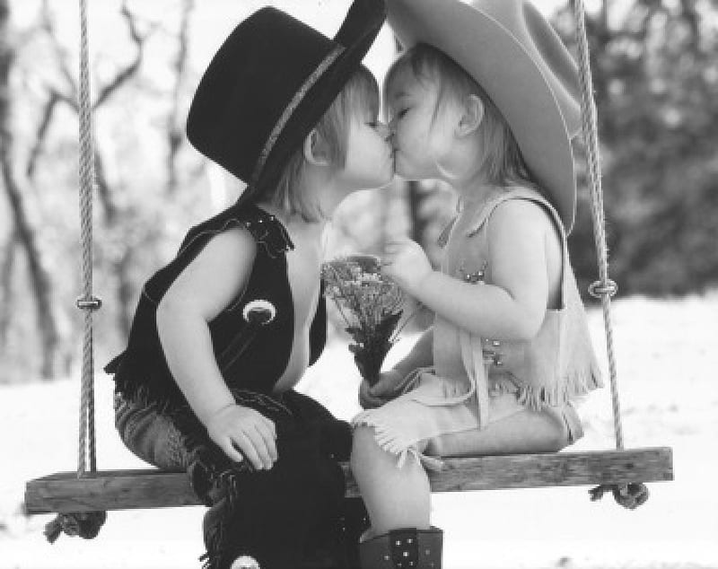First Kiss, hats, cowgirl, boots, chaps, children, black and white, trees, kiss, boy, girl, swing, flowers, cowboy, kids, HD wallpaper