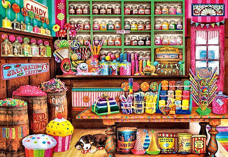 Sweet Shop F1Cmp, architecture, candy, art, sweets, bonito, artwork, canine, pet, painting, wide screen, scenery, dog, HD wallpaper