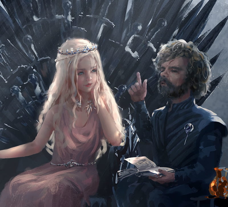 Teaching Lyanna Targaryen, art, fantasy, tyrion lannister, girl, game of thrones, man, dwarf, lyanna targaryen, wlop, HD wallpaper