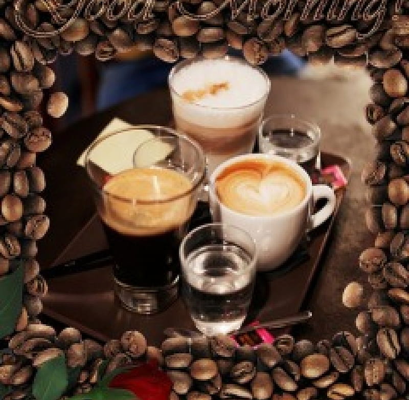 Good morning*, red, good morning, cafe, rose, time, frame, beans, glasses,  cold, HD wallpaper | Peakpx