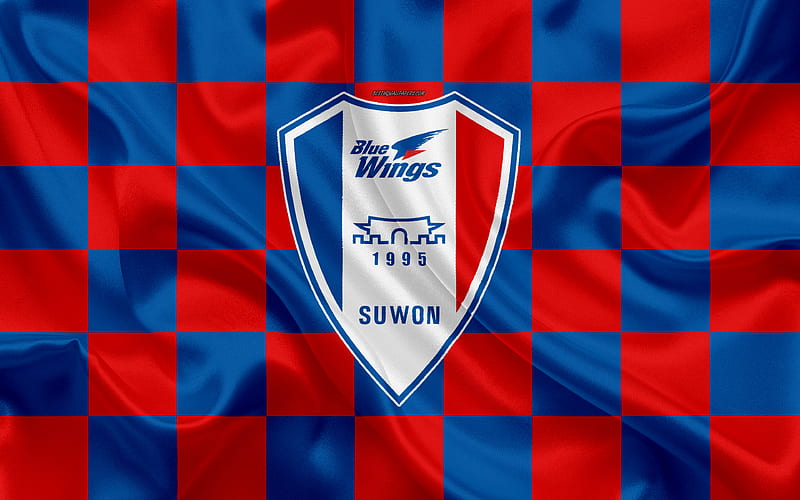 Suwon Samsung Bluewings FC logo, creative art, blue red checkered flag, South Korean football club, K League 1, silk texture, Suwon, South Korea, football, HD wallpaper