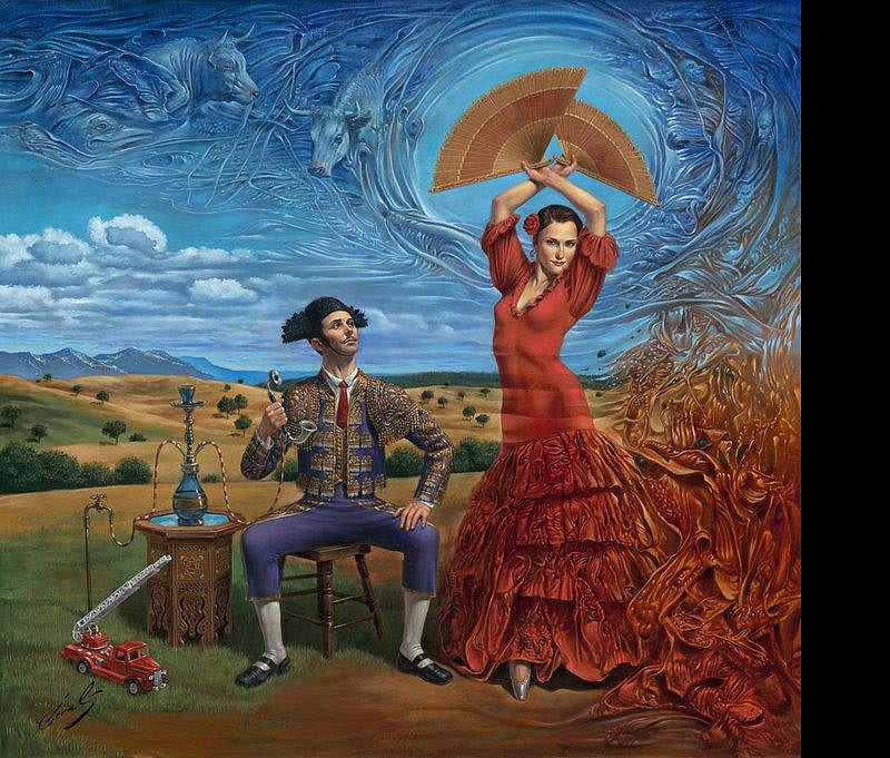 Michael Cheval - Flamenco, art, flamenco, red dress, music, hand fan, woman, painting, dance, fan, michael cheval, HD wallpaper