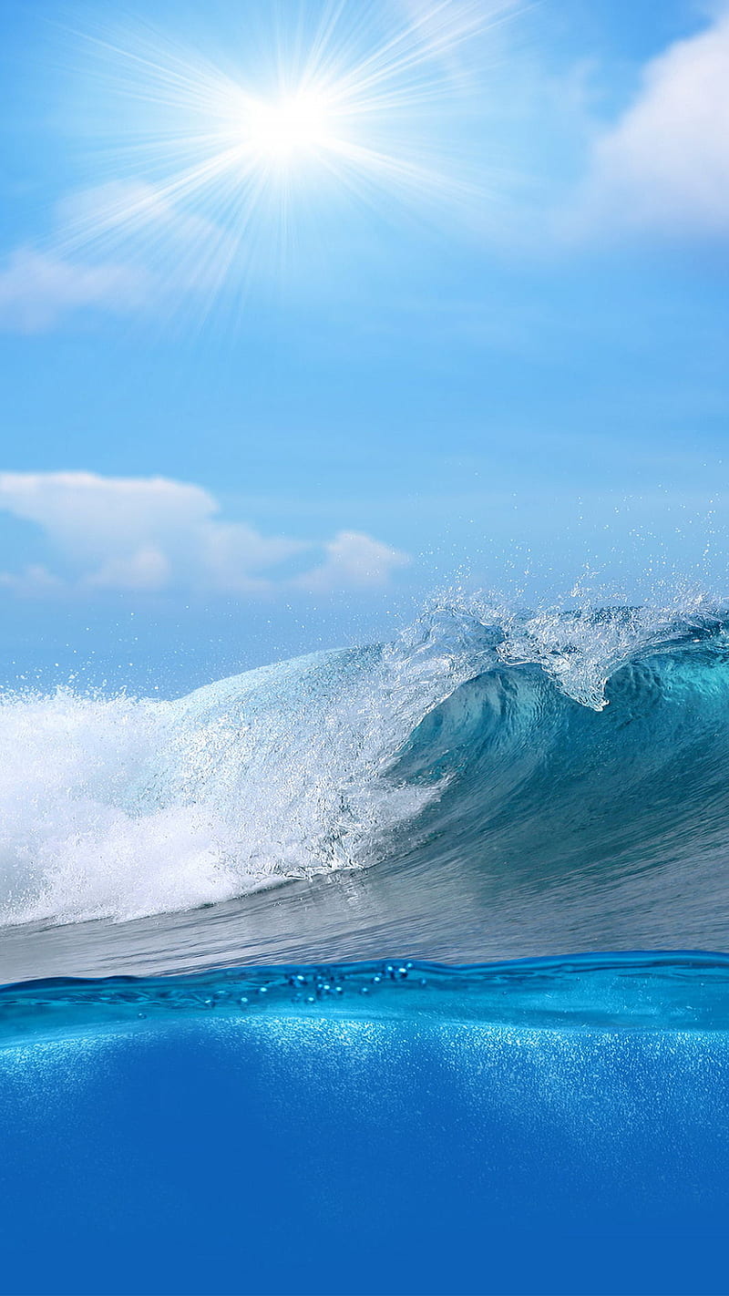 Sea waves, blue, nature, ocean, sea, sky, sun, water, waves, HD phone wallpaper