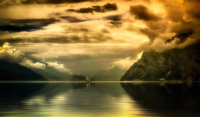 beyond infinity, sailboat, clouds, mountains, sea, HD wallpaper