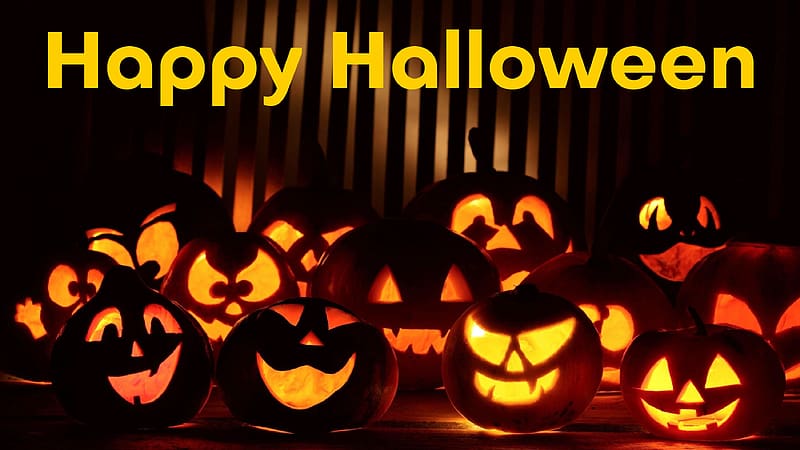 Happy Halloween, pumpkins, halloween, holiday, carvings, HD wallpaper