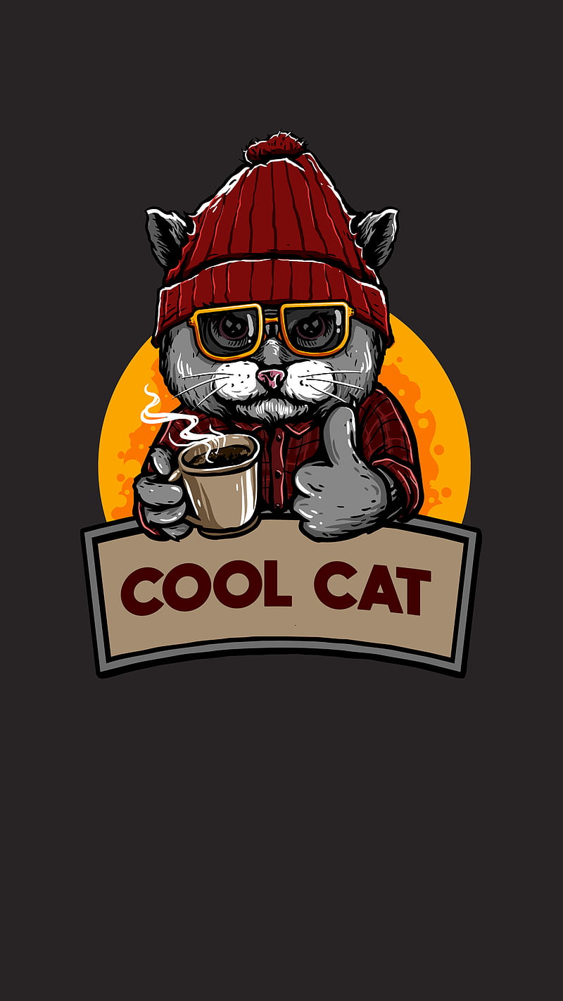 cat, Kiss, coffee, cool cat, gray, gris, hat, hot chocolate, thumbs ups, HD phone wallpaper