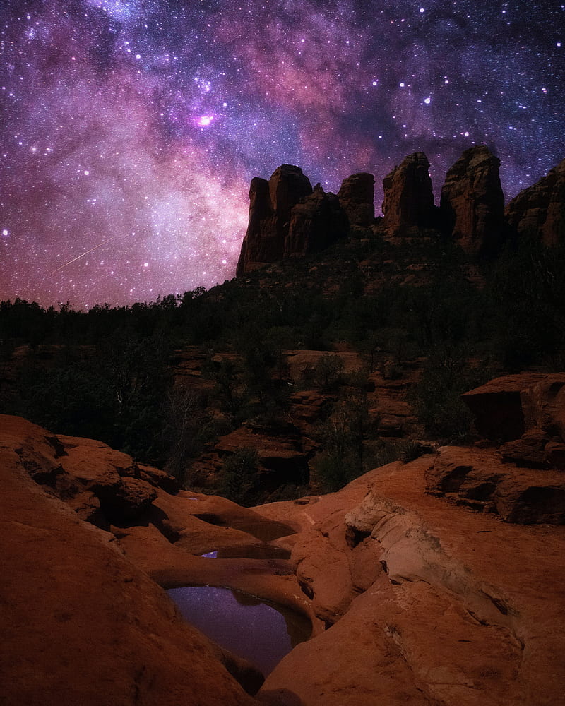 rocks, mountains, valley, night, starry sky, HD phone wallpaper