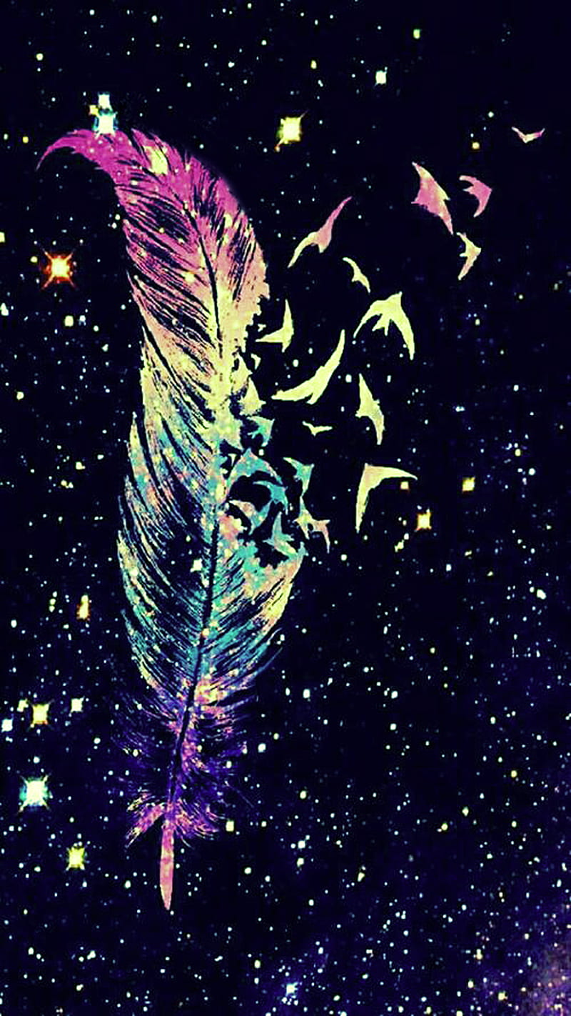 Feather, birds, colorful, galaxy, stars, HD phone wallpaper