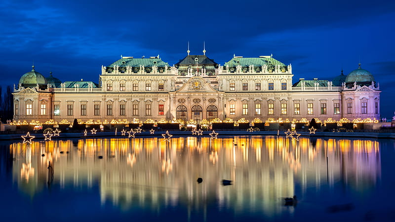 Austria Vienna Palace With Reflection On Water During Nighttime Travel, HD wallpaper
