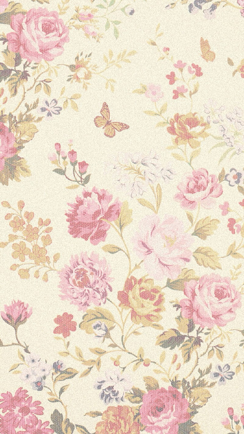 vintage floral, butterfly, cute, flower, flowers, leaves, patter, pink, HD phone wallpaper