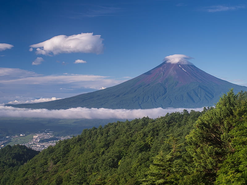 Mount Fuji,Japan, mountain, japan, nature, trees, clouds, sky, fuji, landscape, HD wallpaper