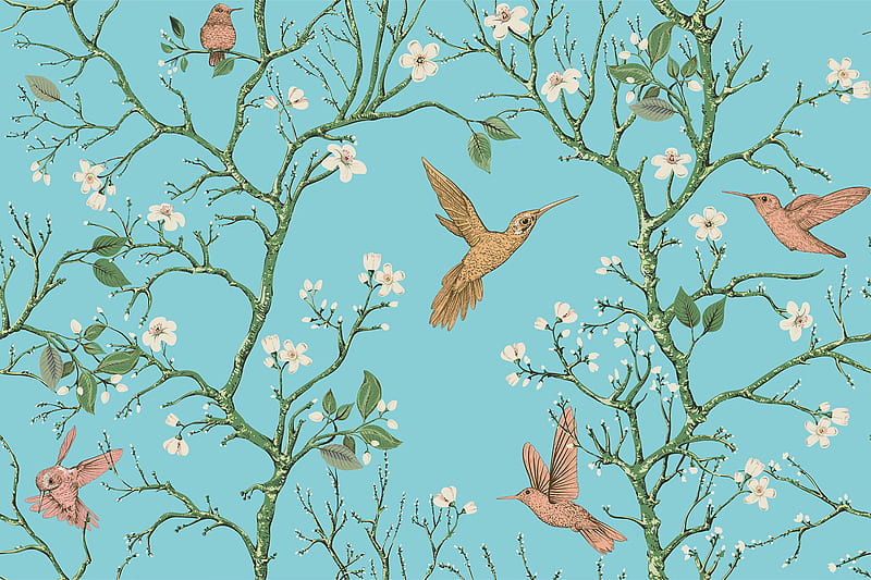 birds, branches, flowers, spring, pattern, HD wallpaper