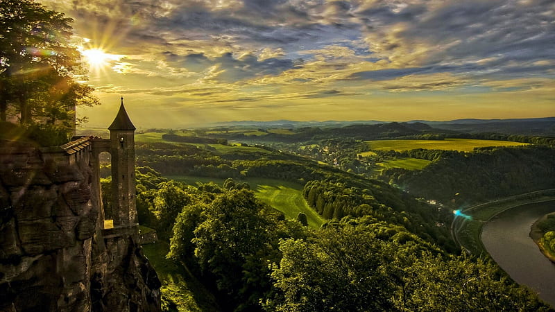 The Castle of Koenigstein, Saxony, Germany, hills, tower, colors, landscape, clouds, nature, sky, sunset, building, HD wallpaper