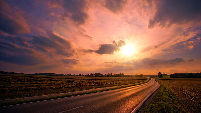 Beautiful sunset, rural, pretty, sunsets, dusk, nature, country, road, HD wallpaper