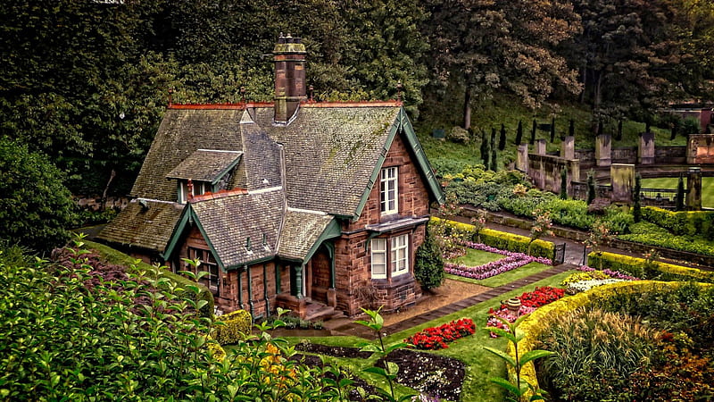 Spring Cottage in Edinburgh, lovely, springtime, cottage, bonito, trees, flowers, garden, lawn, Scotland, HD wallpaper