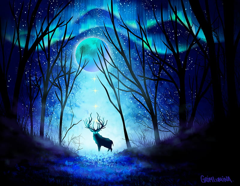deer, forest, night, moon, northern lights, art, HD wallpaper