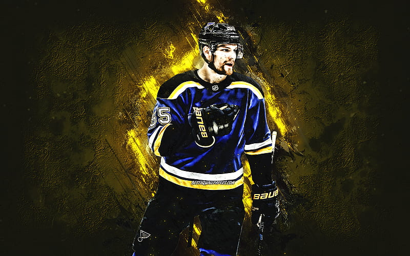 Colton Parayko, St Louis Blues, Canadian hockey player, portrait, NHL, USA, hockey, yellow stone background, HD wallpaper