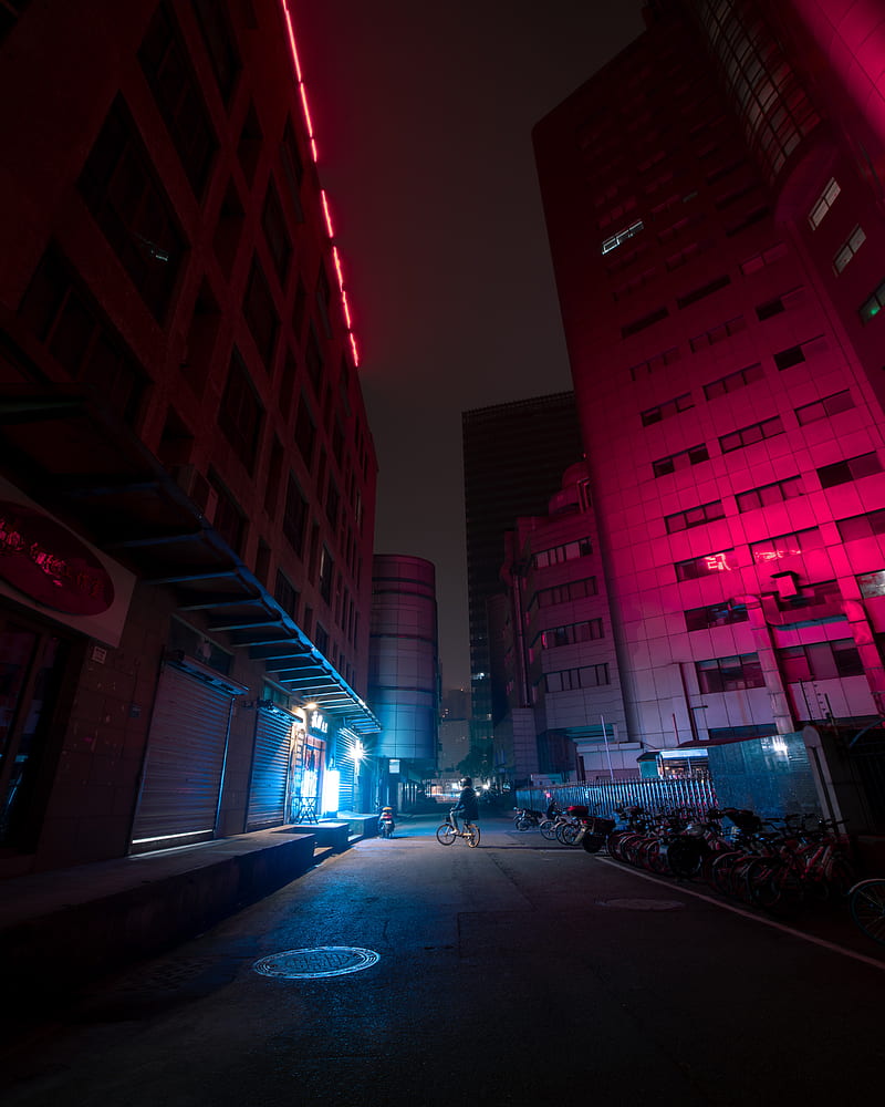 city, street, neon, night, dark, HD phone wallpaper