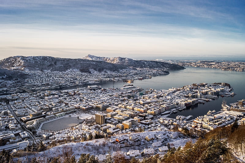 norway, buildings, city, view from top, bergen, building, winter, snow, HD wallpaper