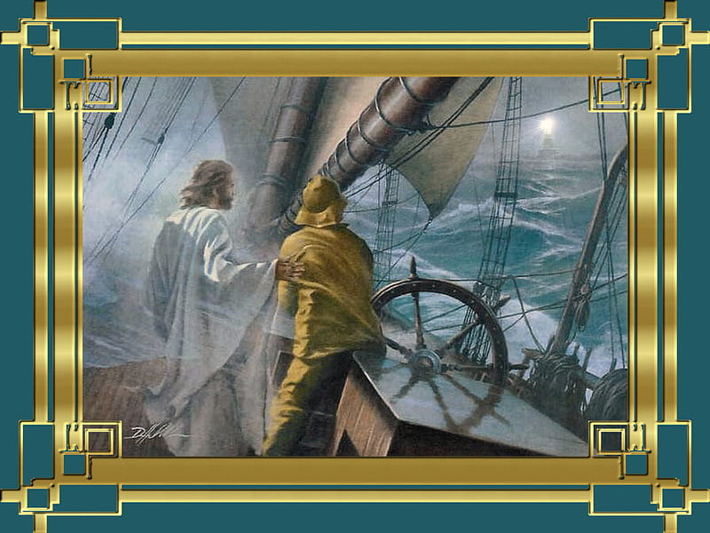 At The Helm - Jesus F, art, ocean, sailing, waves, helm, storm, sea, hahlbohm, ship, painting, dan hahlbohm, HD wallpaper