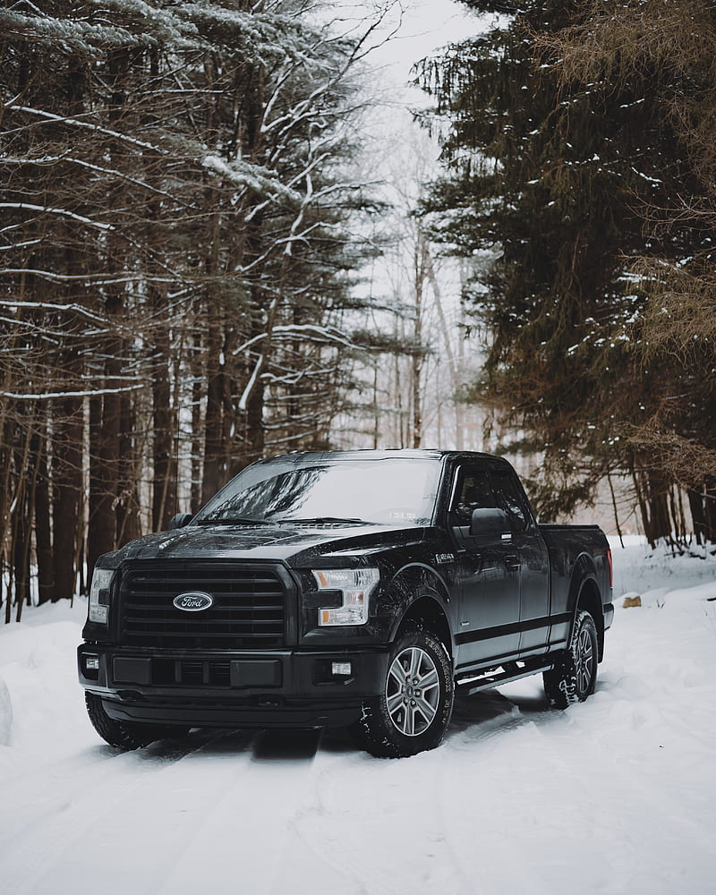 black ford f 150 on snow covered ground, HD phone wallpaper
