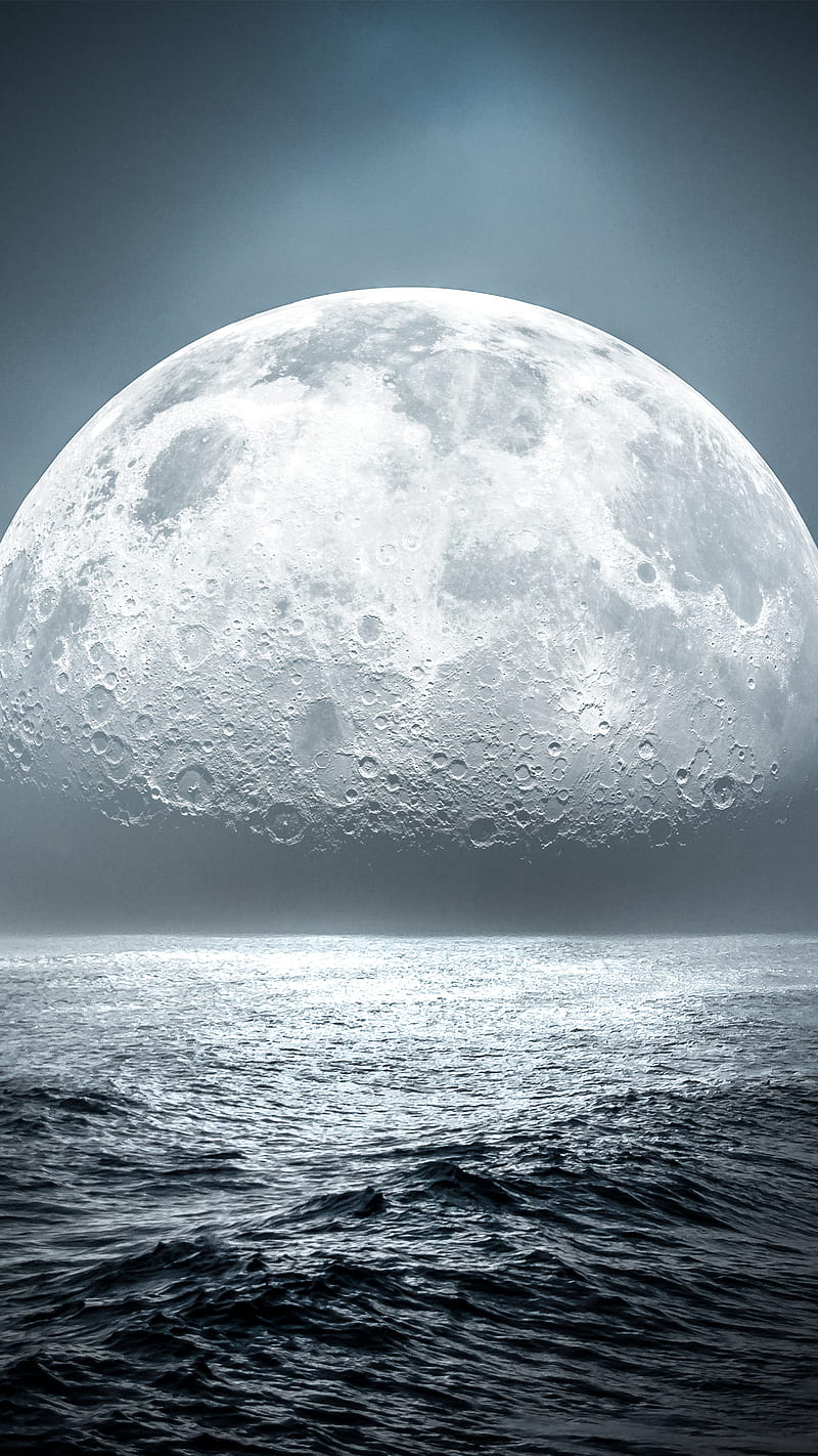 big moon, Surreal, bonito, huge, ocean, sea, waves, HD phone wallpaper
