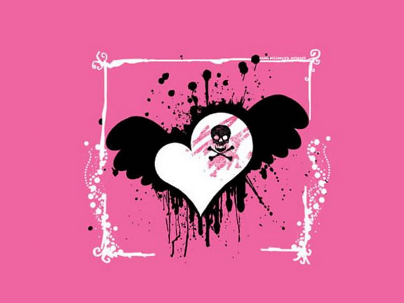 emo True Love, pink background, ink spot, frame, heart, cross bones, skull, HD wallpaper
