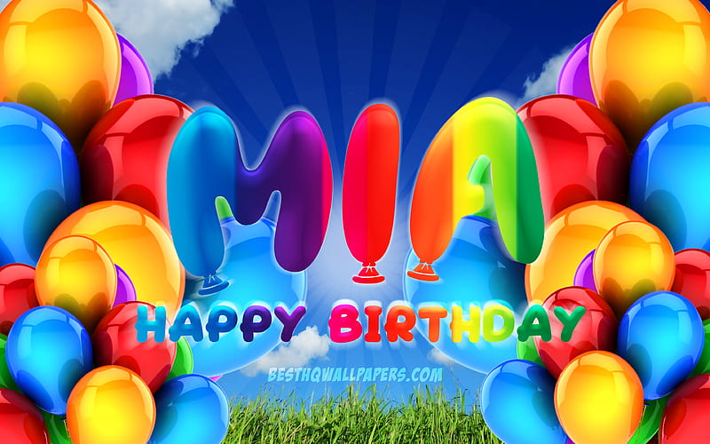 Mia Happy Birtay cloudy sky background, popular italian female names, Birtay Party, colorful ballons, Mia name, Happy Birtay Mia, Birtay concept, Mia Birtay, Mia, HD wallpaper