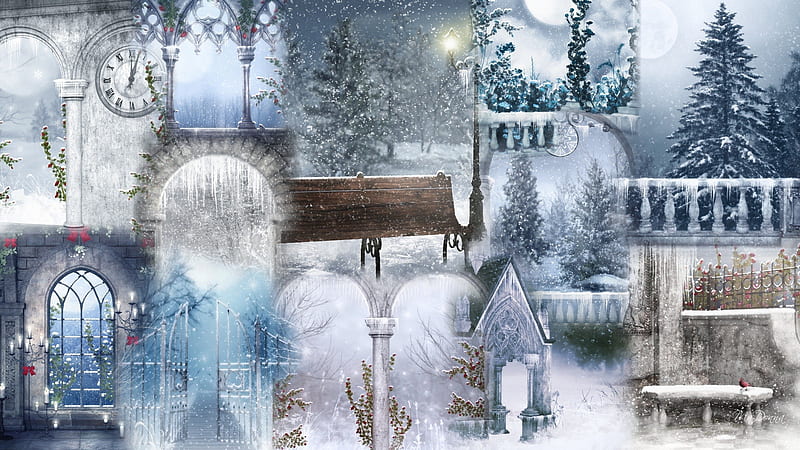 Winter Goth Style, bench, birds, firefox persona, trees, lights, winter, cold, goth, windows, gothic, snow, flowers, HD wallpaper