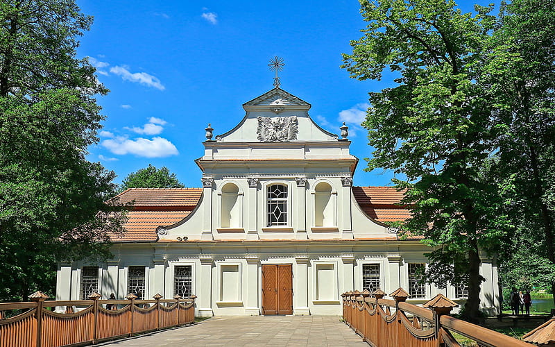 Church in Zwierzyniec, Poland, Poland, Christianity, trees, church, HD wallpaper