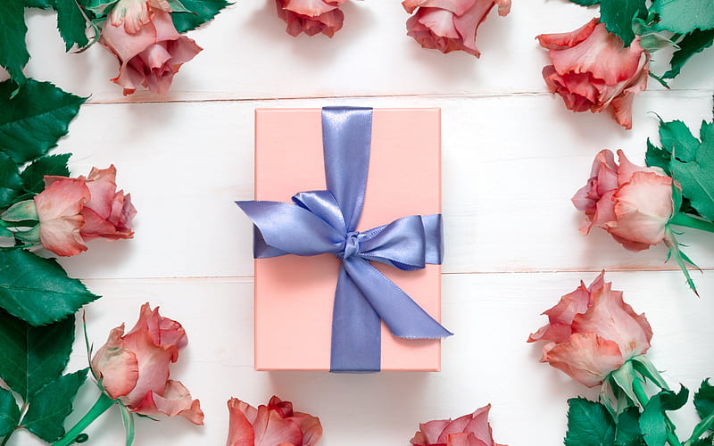 gift, pink box gift, blue silk bow, rose frame, flower frame, white wooden background, HD wallpaper