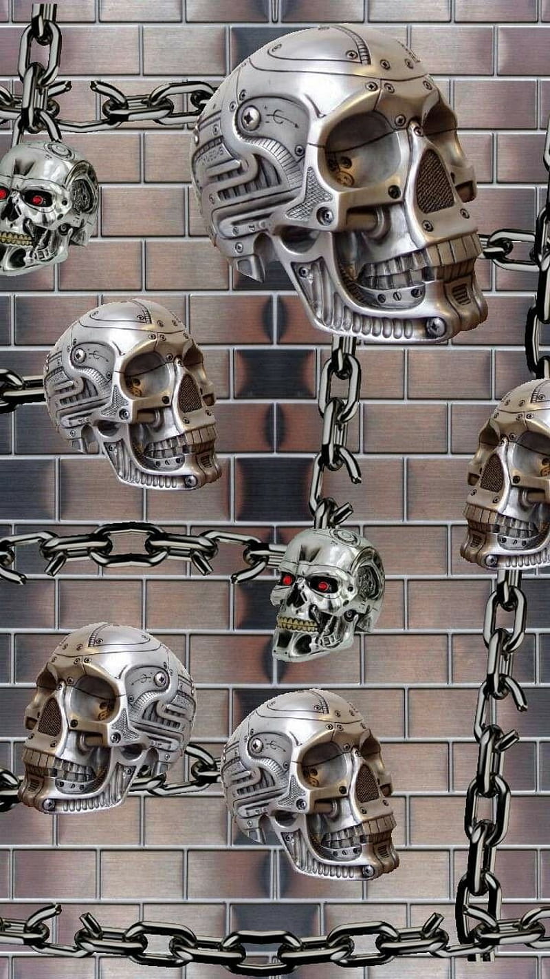 Chained Skulls, 929, chains, cool, death, metal, metallic, skull, terminator, HD phone wallpaper
