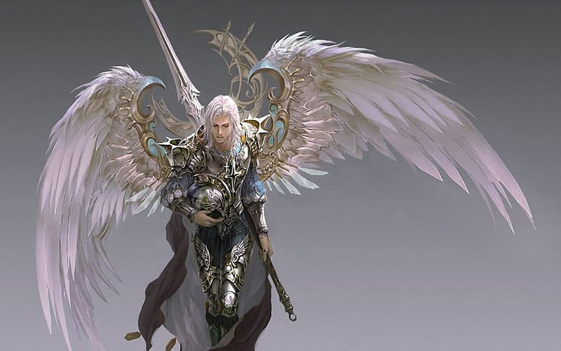 Archangel, wings, angel, game, black, man, armor, fantasy, warrior, feather, white, pink, HD wallpaper