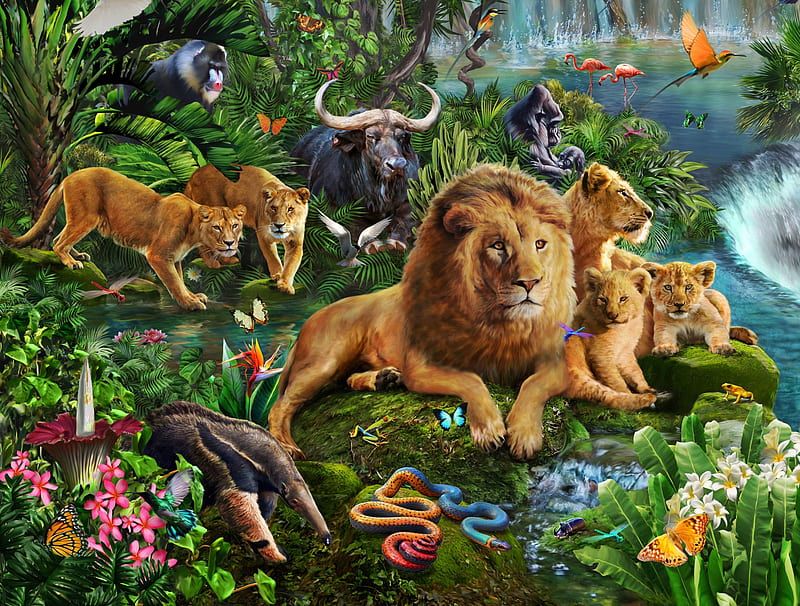 Lions, orange, luminos, lue, lion, animal, vara, fantasy, green, adrian chesterman, summer, big cats, HD wallpaper
